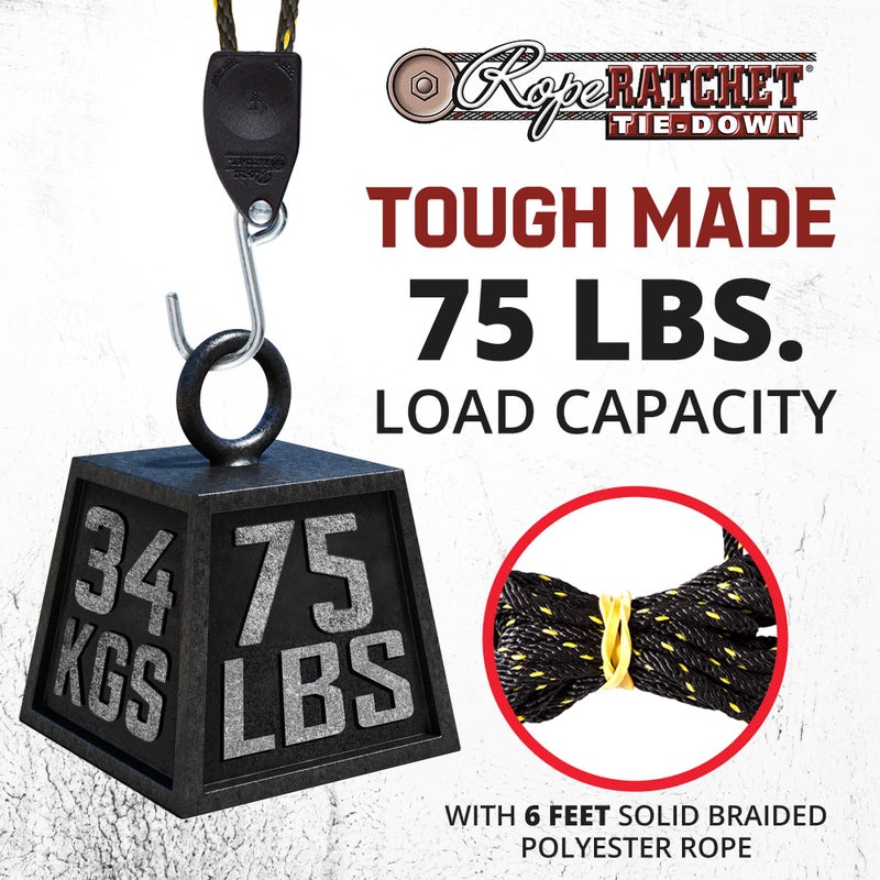 Rope Ratchet حبل ربط 1/8" مع حبل تعليق بطول 6' من بولي بروبيلين مضفر صلب، مثالي للكاياك، الكانو، الخيمة، أضواء النمو، المظلة، معدات الهواء الطلق، سعة 75 رطل - Image 2